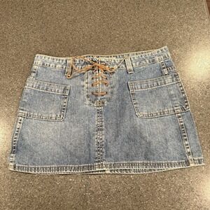 VTG AE Denim Mini Skirt Y2K Size 8 Leather Lace Up Elena Gilbert